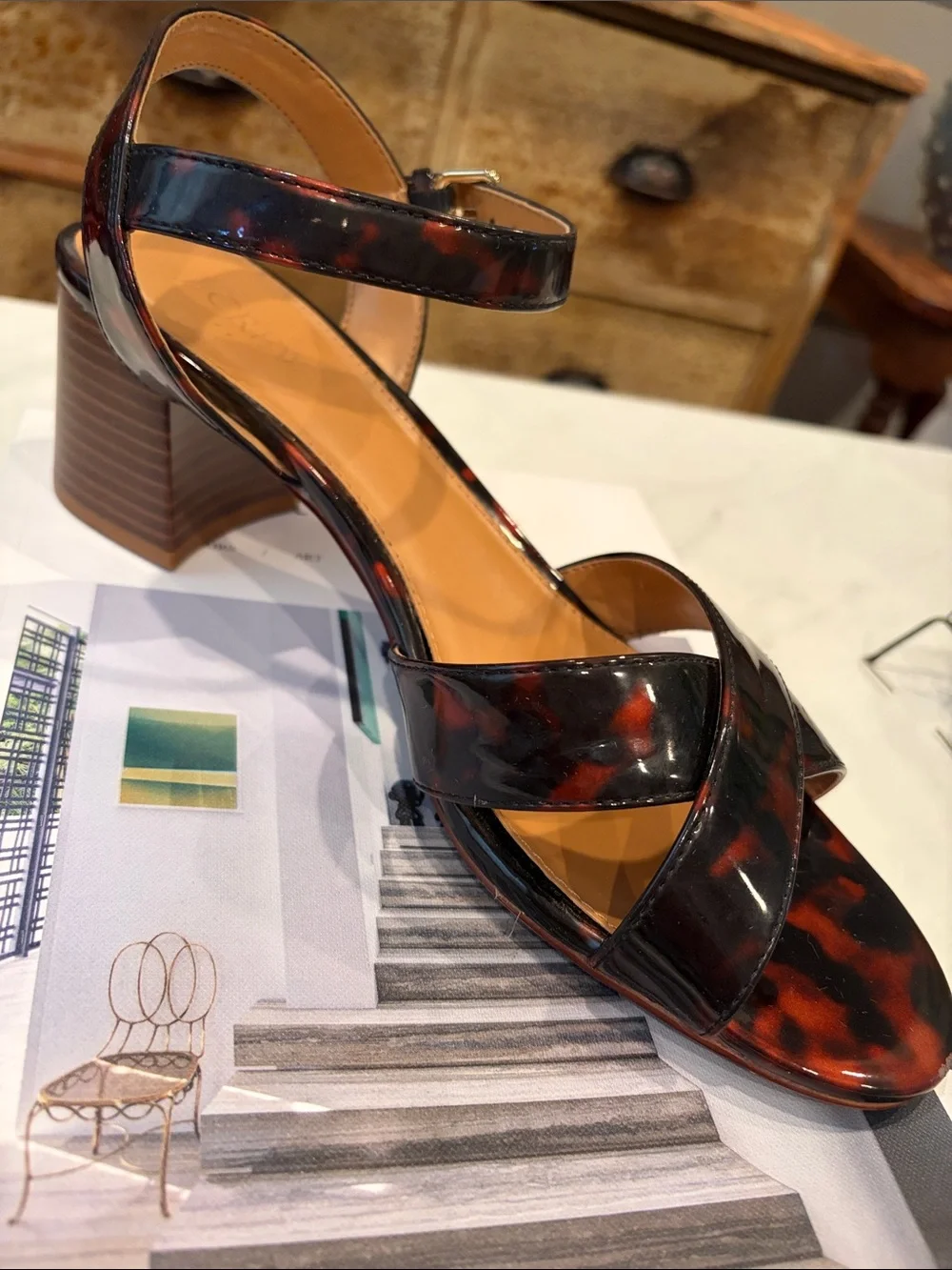J. Crew Tortoiseshell Patent Leather Ankle-Strap Sandals - Brown/Black